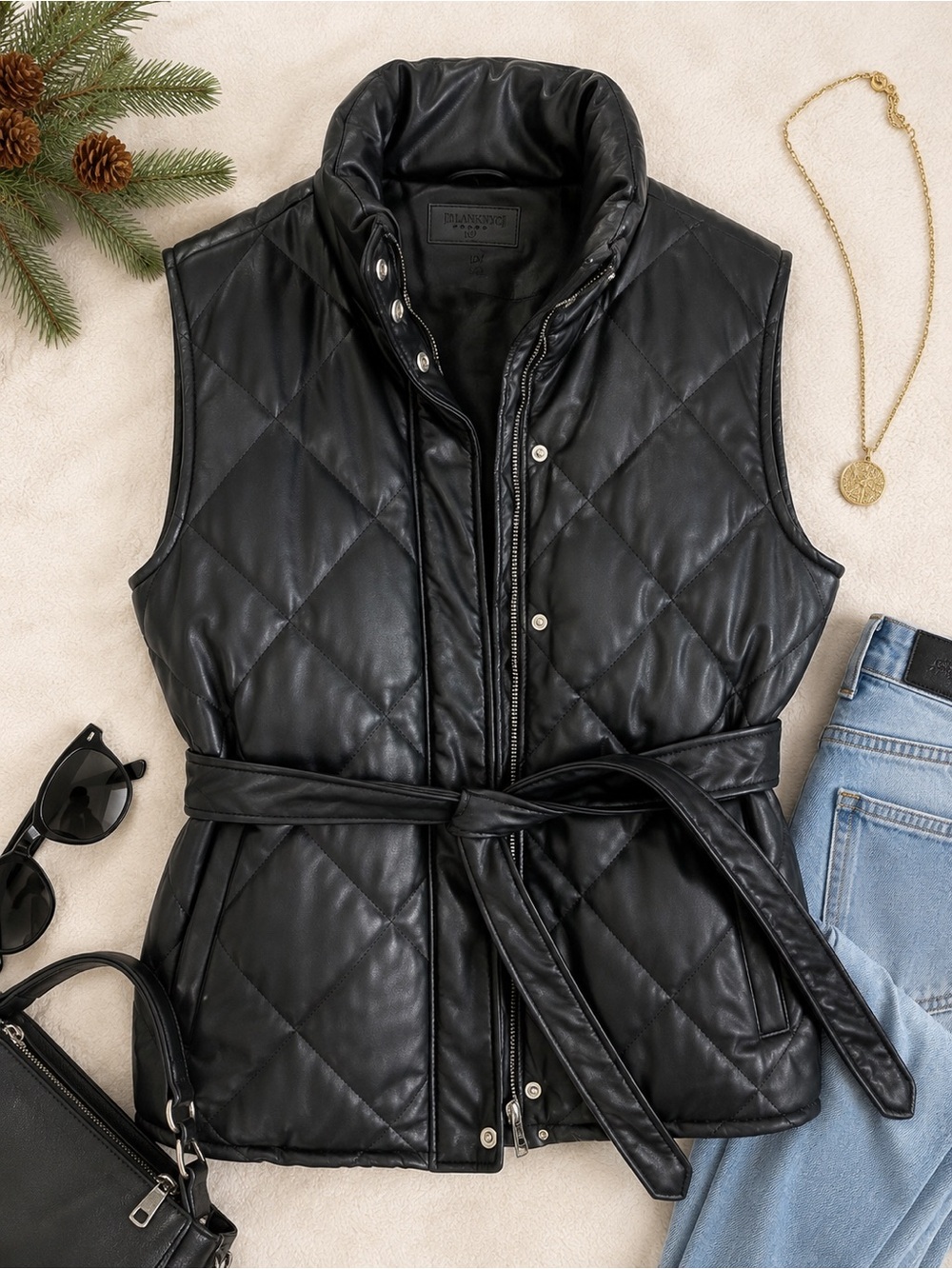 BlankNYC Black Quilted Faux Leather Puffer Vest Belted Snap Zip Women’s Medium